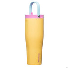 Yellow tumbler with a pink and light blue lid on a white background