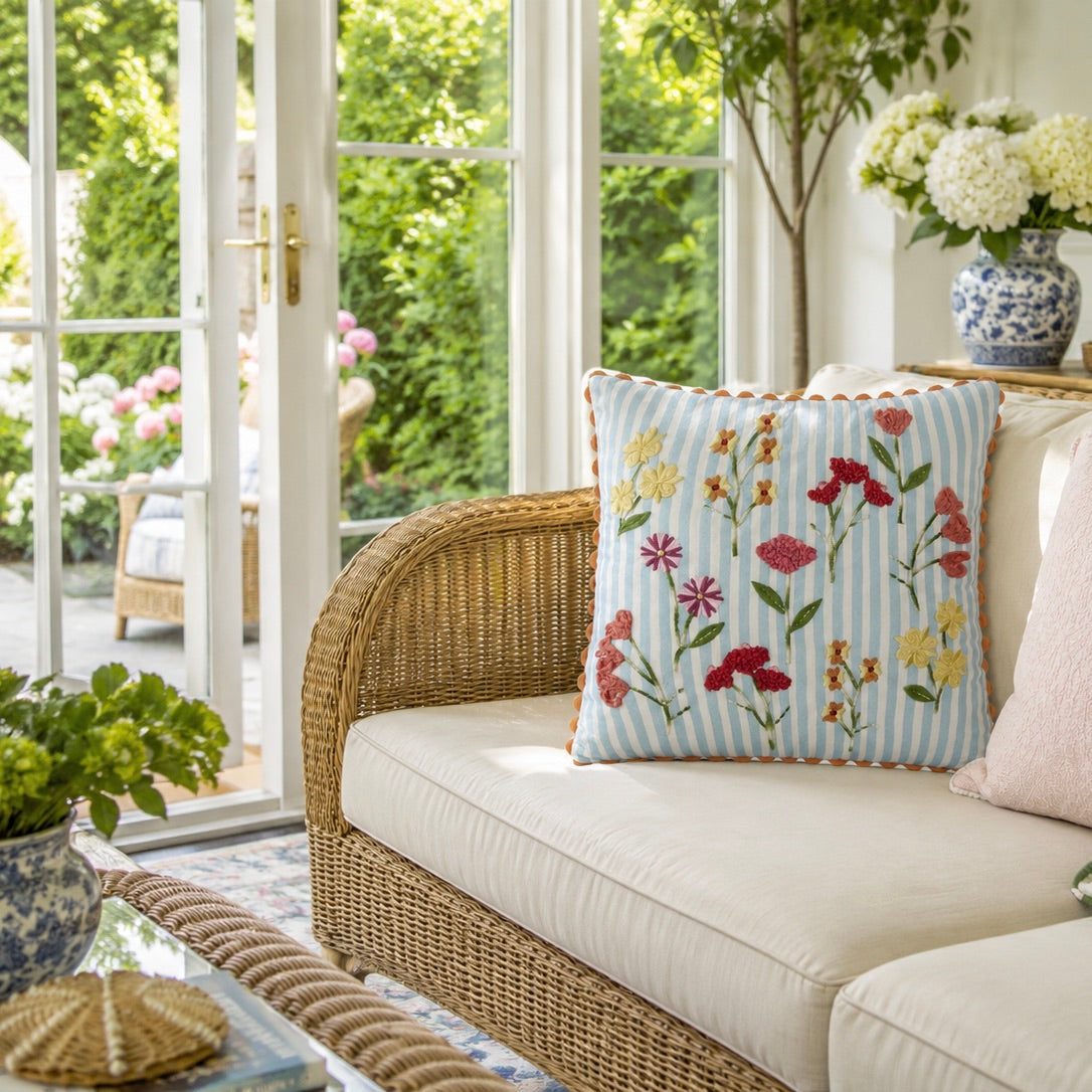 Wicker outdoor sofa with floral cushion in a sunroom with large windows.