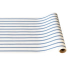 Roll of white fabric with blue stripes on a white background