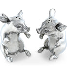 Two silver pig-shaped salt and pepper shakers on a white background