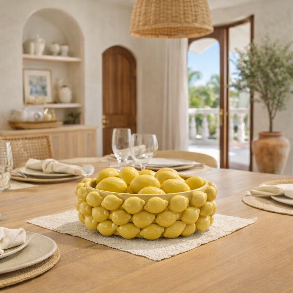 Bowl of lemons on a dining table with a blurred background