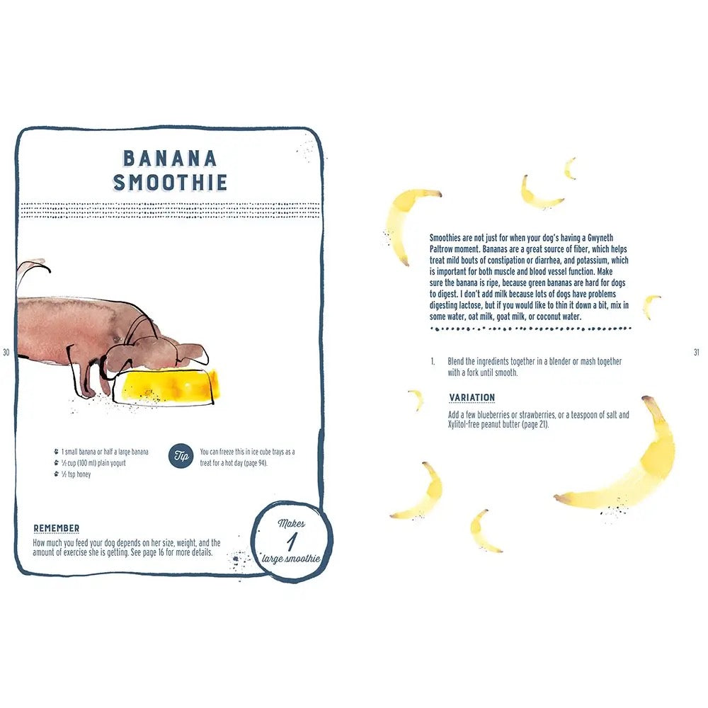 A printed banana smoothie recipe card shown in two panels on a white background. The left panel shows a banana being blended into a yellow liquid with the title 'BANANA SMOOTHIE' at the top.