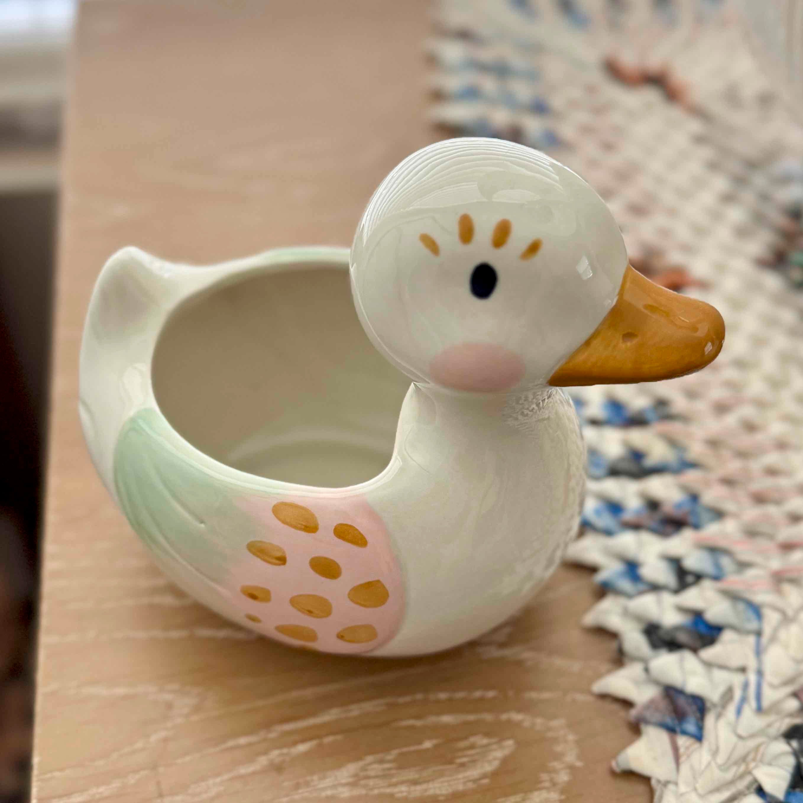 Ceramic duck-shaped planter on a wooden surface