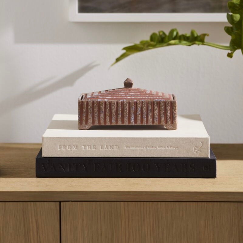 A small rectangular lidded box with a ribbed, terracotta-like exterior and a small knob on top, displayed on stacked books on a wooden surface against a light wall.