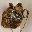 Bronze owl-shaped pocket watch with chain on a white background