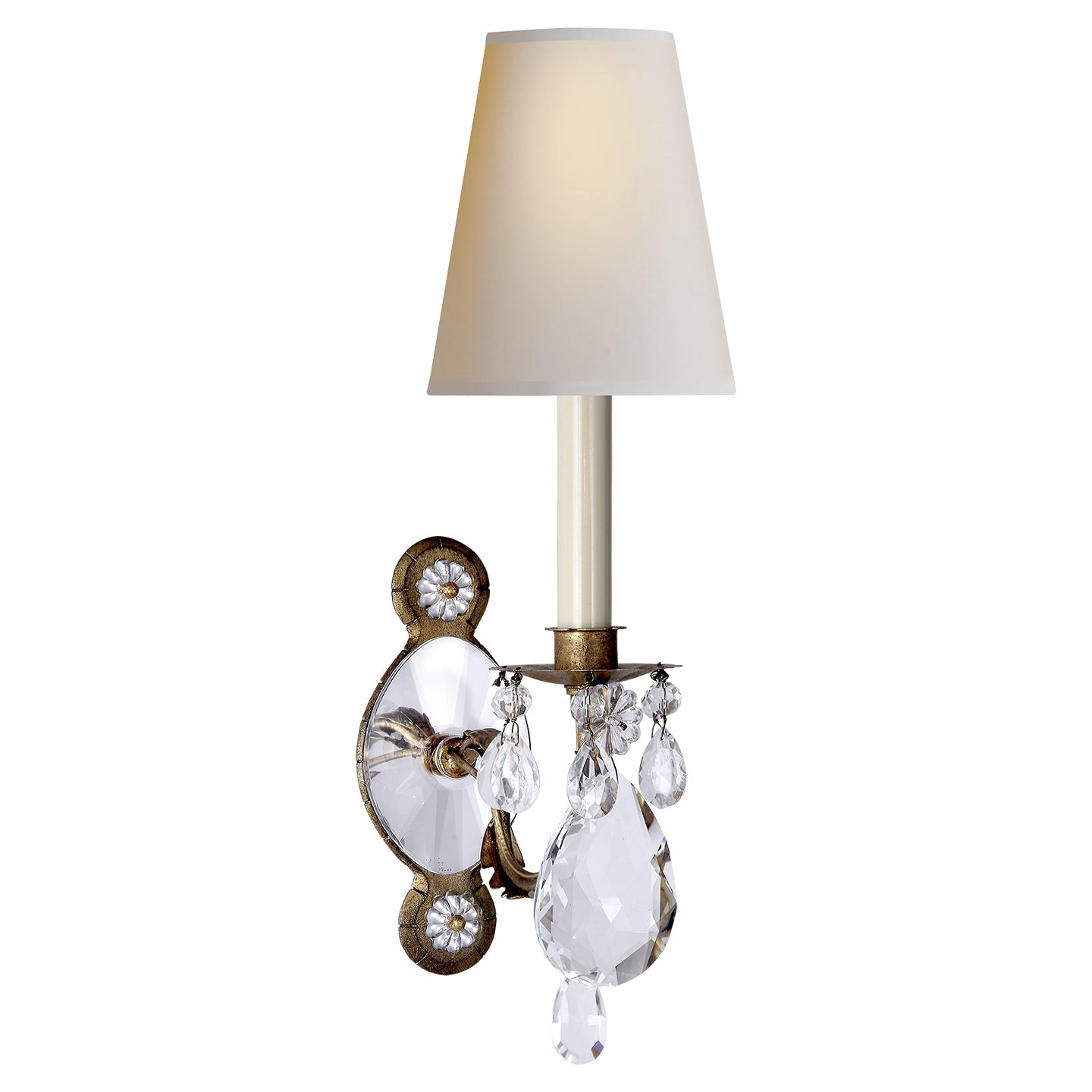 Product photo of the Yves One Light Wall Sconce in Gilded Iron and Crystal ( SKU# TOB 2470GI/CG-PL )