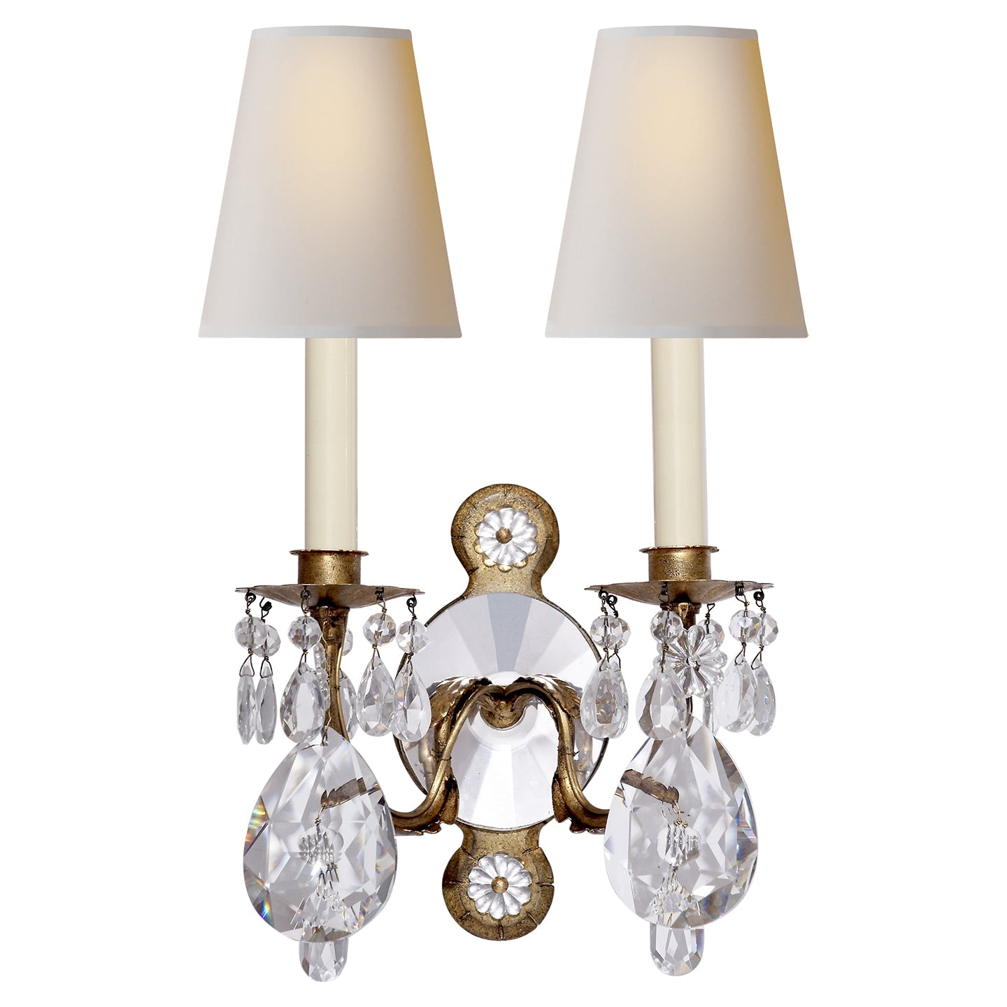 Product photo of the Yves Two Light Wall Sconce in Gilded Iron and Crystal ( SKU# TOB 2471GI/CG-PL )