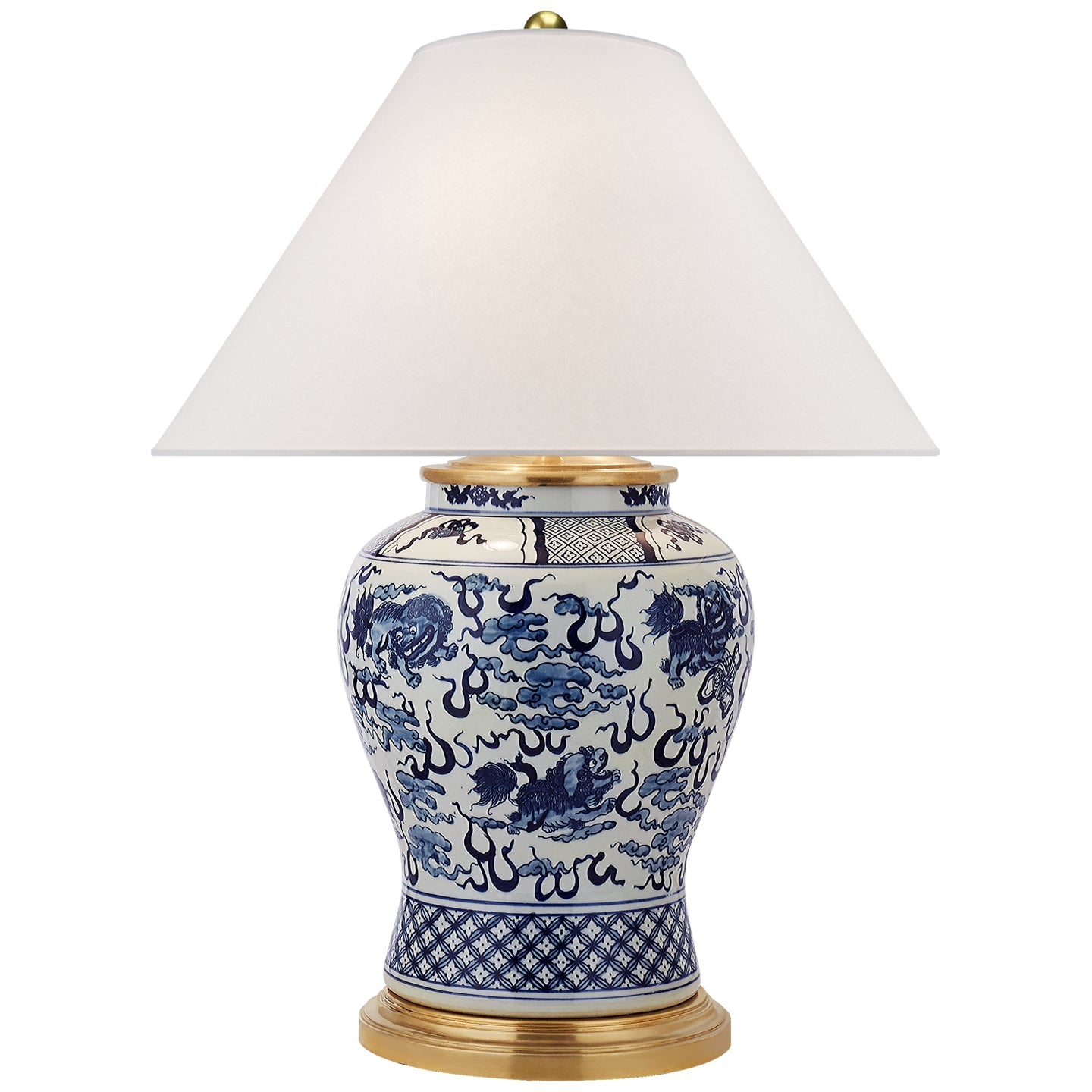 Product photo of the Foo Dog Two Light Table Lamp in Blue and White Porcelain ( SKU# RL 3649BW-S )