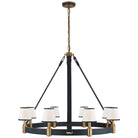 Product photo of the Riley Eight Light Chandelier in Natural Brass and Navy Leather ( SKU# RL 5612NB/NVY-L )