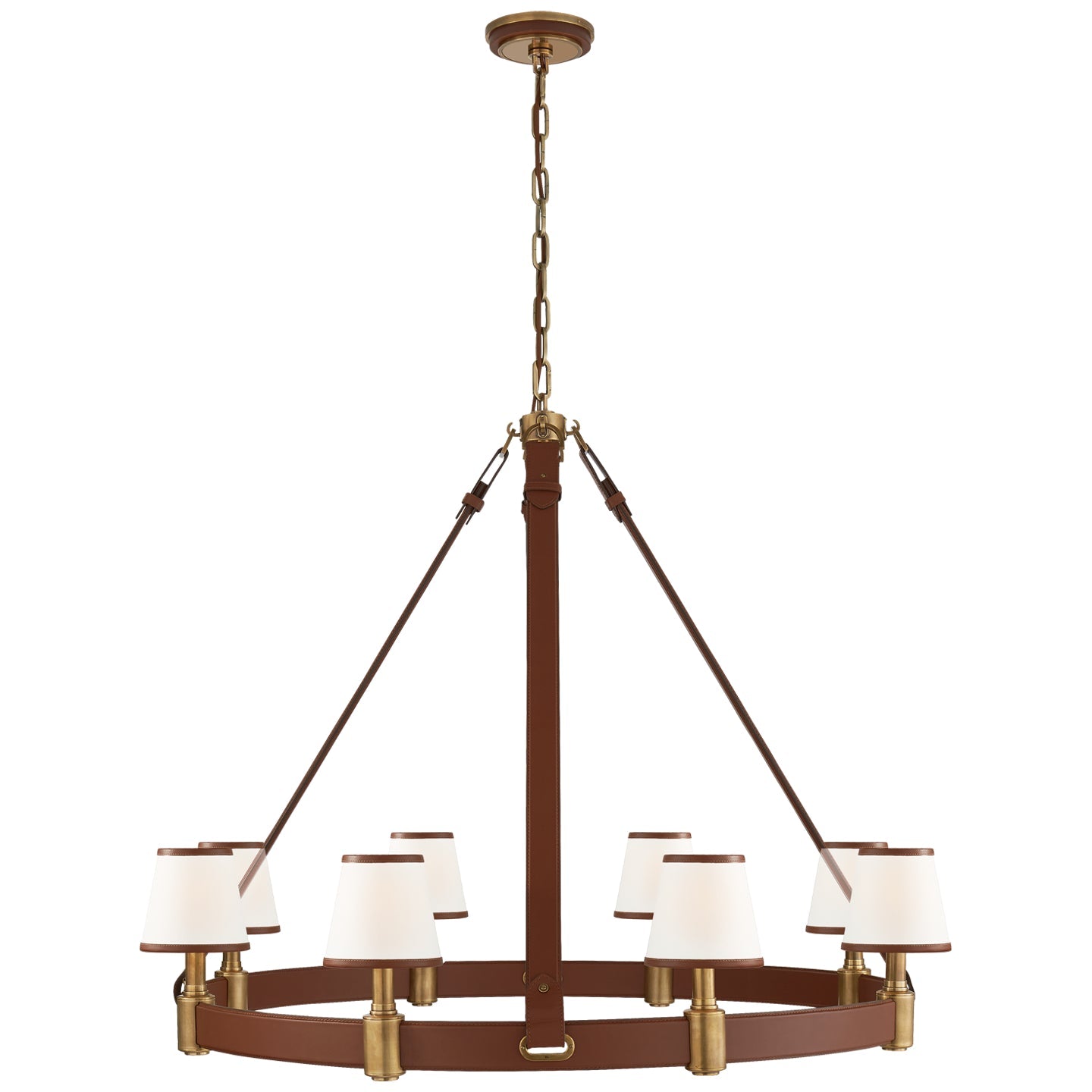 Product photo of the Riley Eight Light Chandelier in Natural Brass and Saddle Leather ( SKU# RL 5612NB/SDL-L )