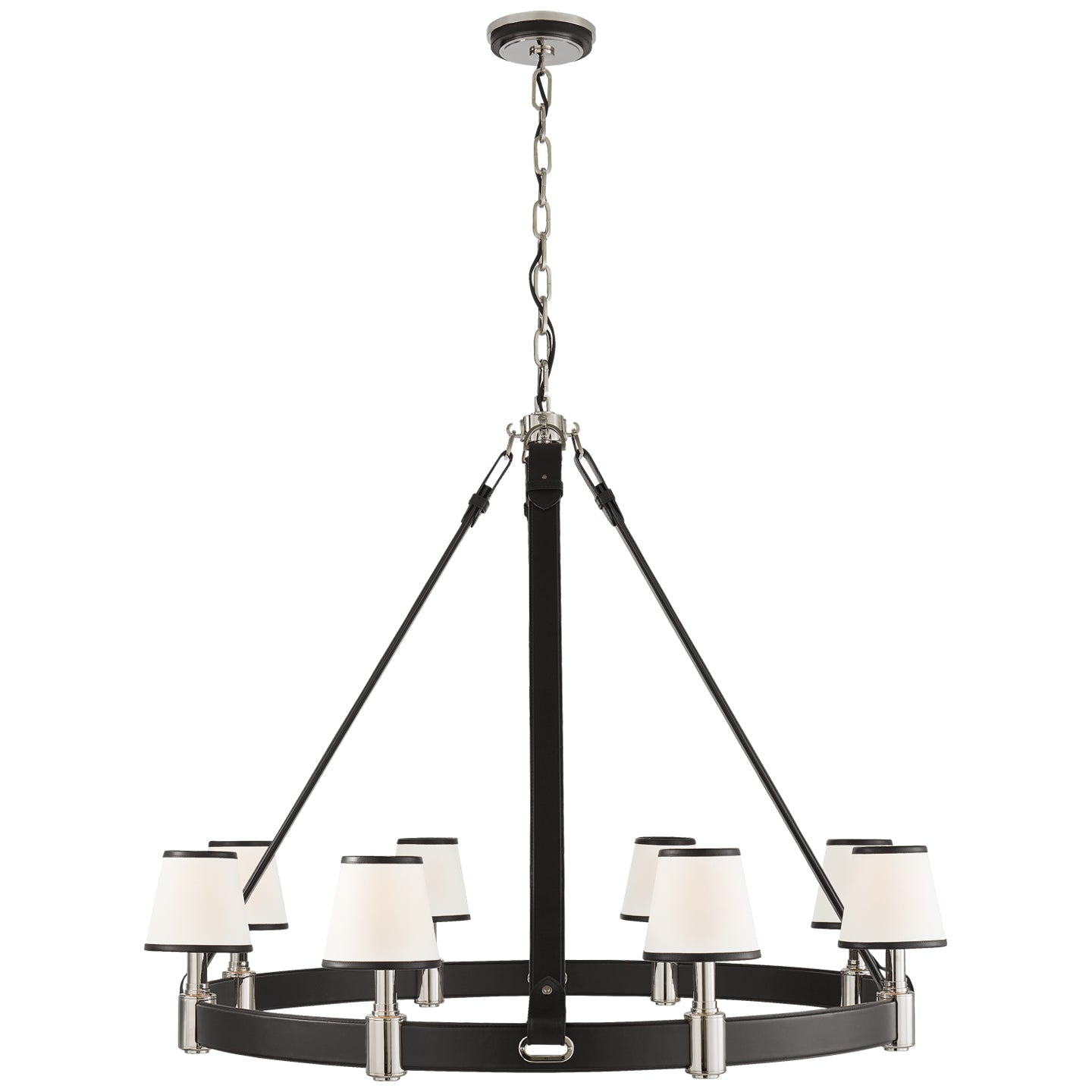 Product photo of the Riley Eight Light Chandelier in Polished Nickel and Chocolate Leather ( SKU# RL 5612PN/CHC-L )