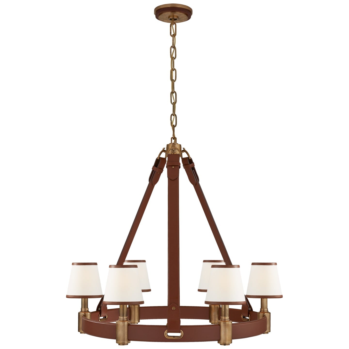 Product photo of the Riley Six Light Chandelier in Natural Brass and Saddle Leather ( SKU# RL 5610NB/SDL-L )