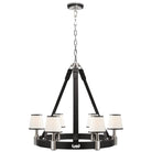 Product photo of the Riley Six Light Chandelier in Polished Nickel and Chocolate Leather ( SKU# RL 5610PN/CHC-L )