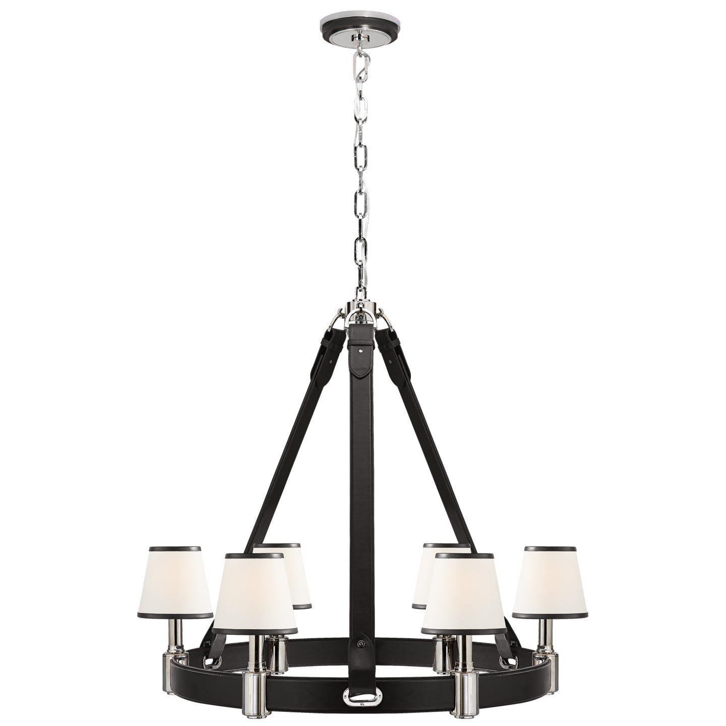 Product photo of the Riley Six Light Chandelier in Polished Nickel and Chocolate Leather ( SKU# RL 5610PN/CHC-L )