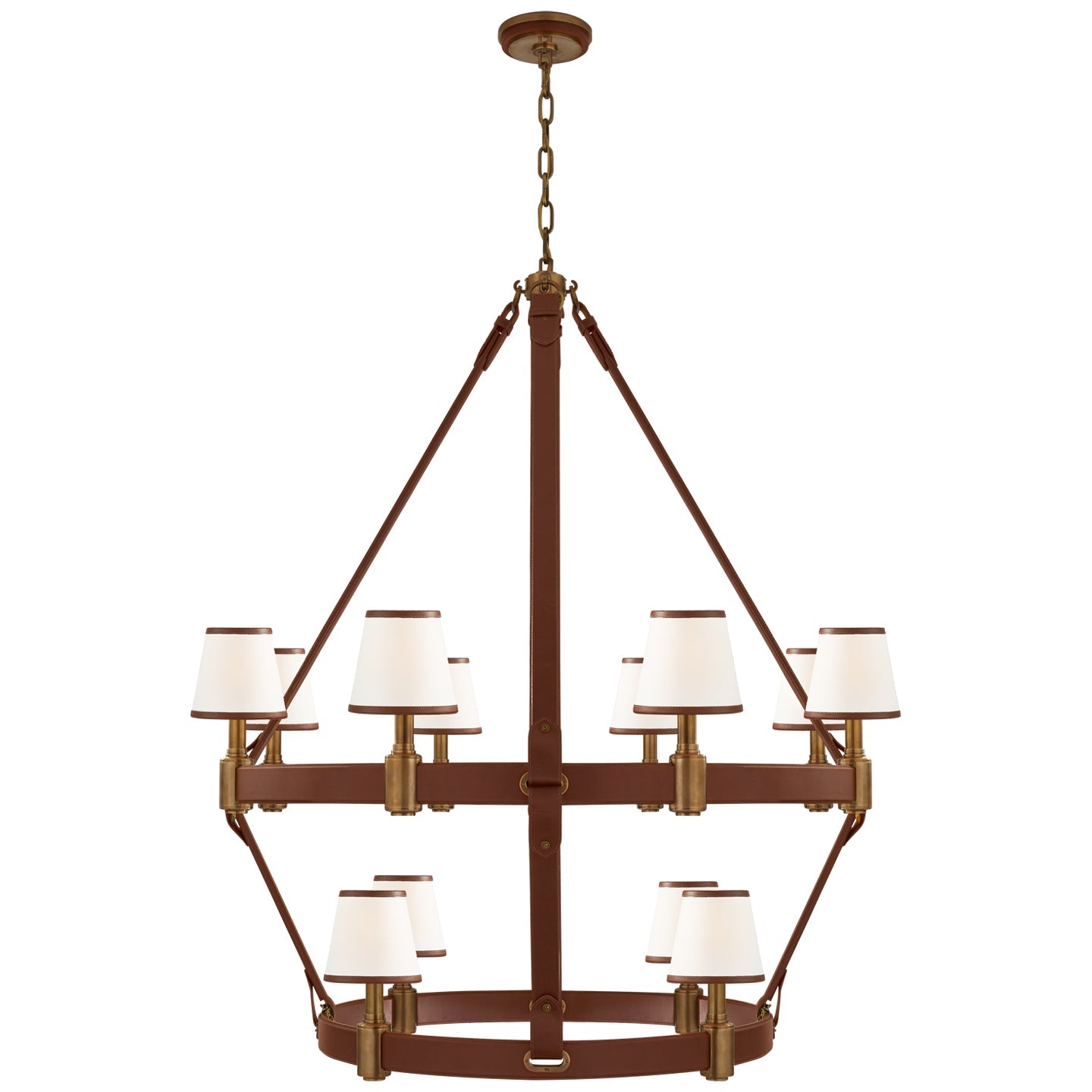 Product photo of the Riley 12 Light Chandelier in Natural Brass and Saddle Leather ( SKU# RL 5614NB/SDL-L )