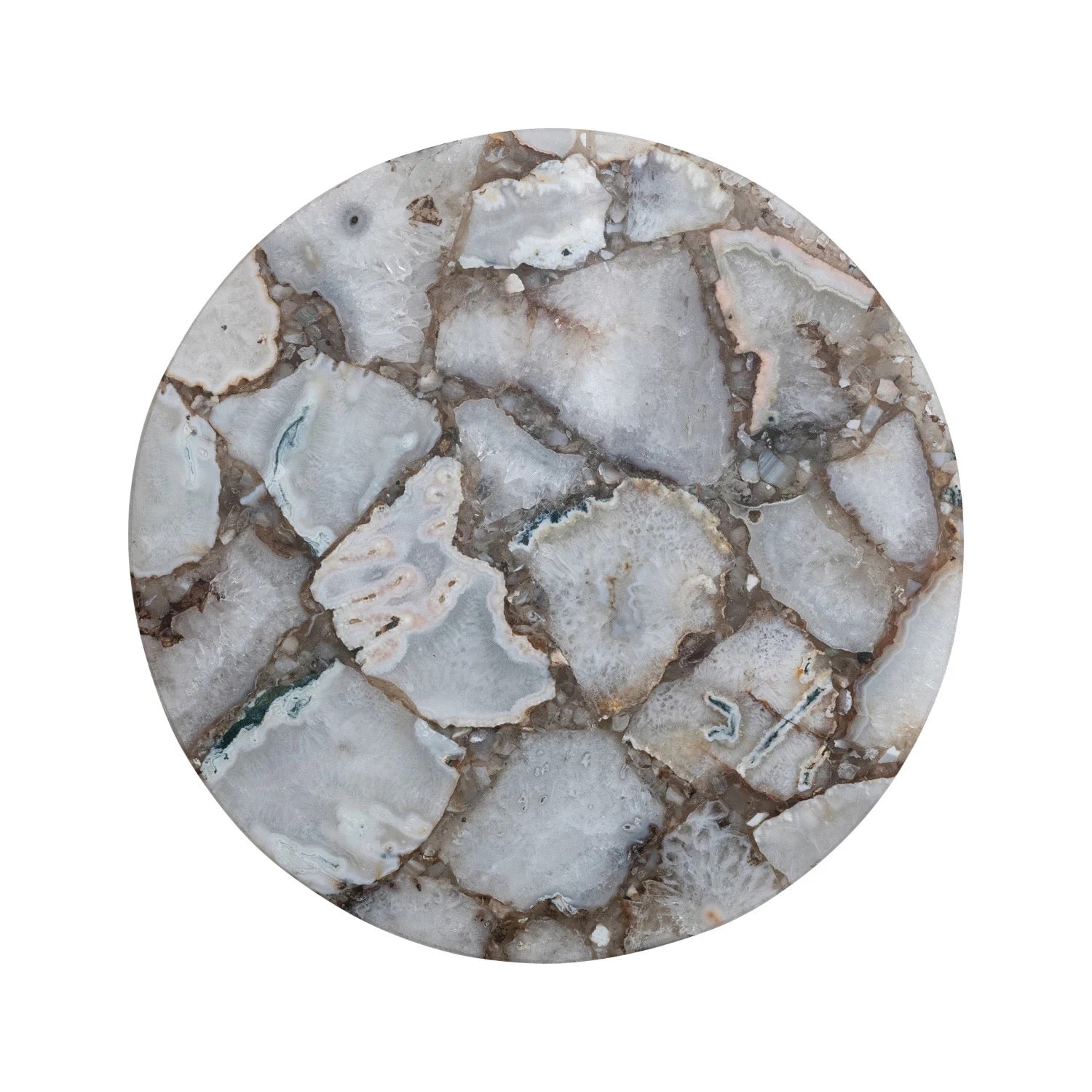 Round marble coaster with a pattern of gray, white, and brown colors on a white background