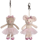 Two plush toys, one bear and one mouse, wearing tutus with pink bows on a white background.