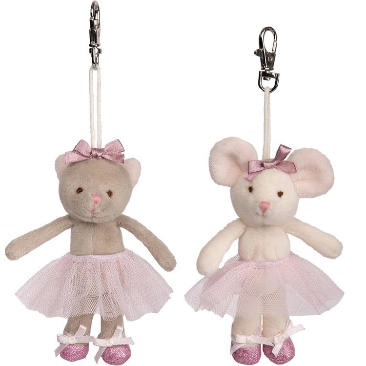 Two plush toys, one bear and one mouse, wearing tutus with pink bows on a white background.