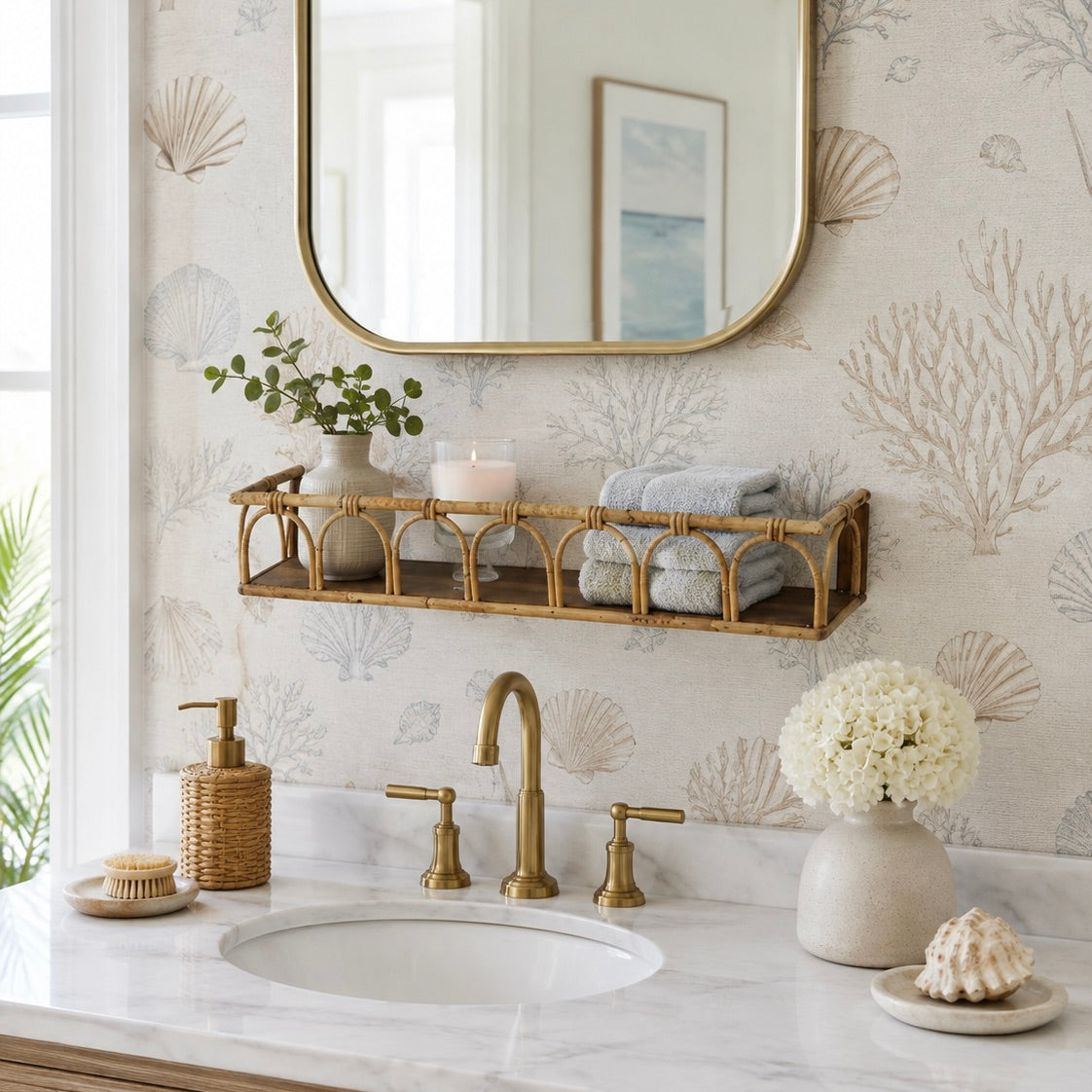 A styled bathroom vanity featuring a white marble countertop with a brass faucet, a woven soap dispenser, a round mirror with a gold frame, and a bamboo wall shelf holding folded towels and a candle. The wall is covered in beige wallpaper with a botanical shell and coral pattern.