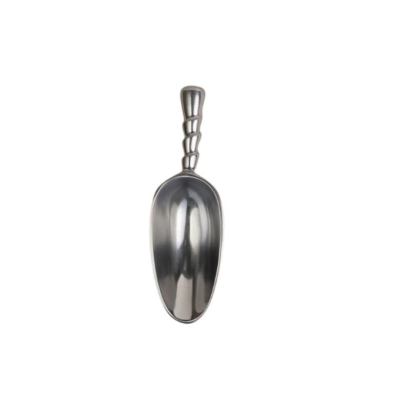 A polished metallic scoop or spatula pendant with a twisted bail, shown on a plain white background.