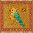 A stylized illustrated bird centered on a textured gold background, surrounded by a decorative geometric border. The bird has a tan body, teal-blue wings, and a small gray beak.