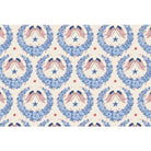 Pattern of blue floral wreaths with American flags and stars on a white background