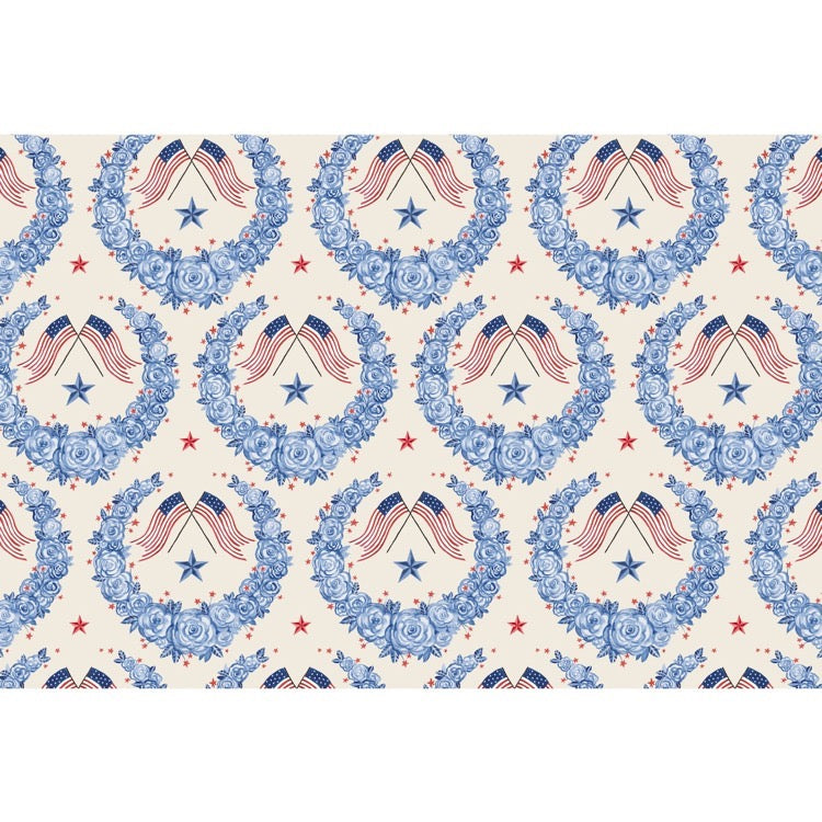 Pattern of blue floral wreaths with American flags and stars on a white background