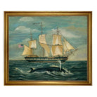 Framed painting of a ship on the ocean with a whale in the foreground.