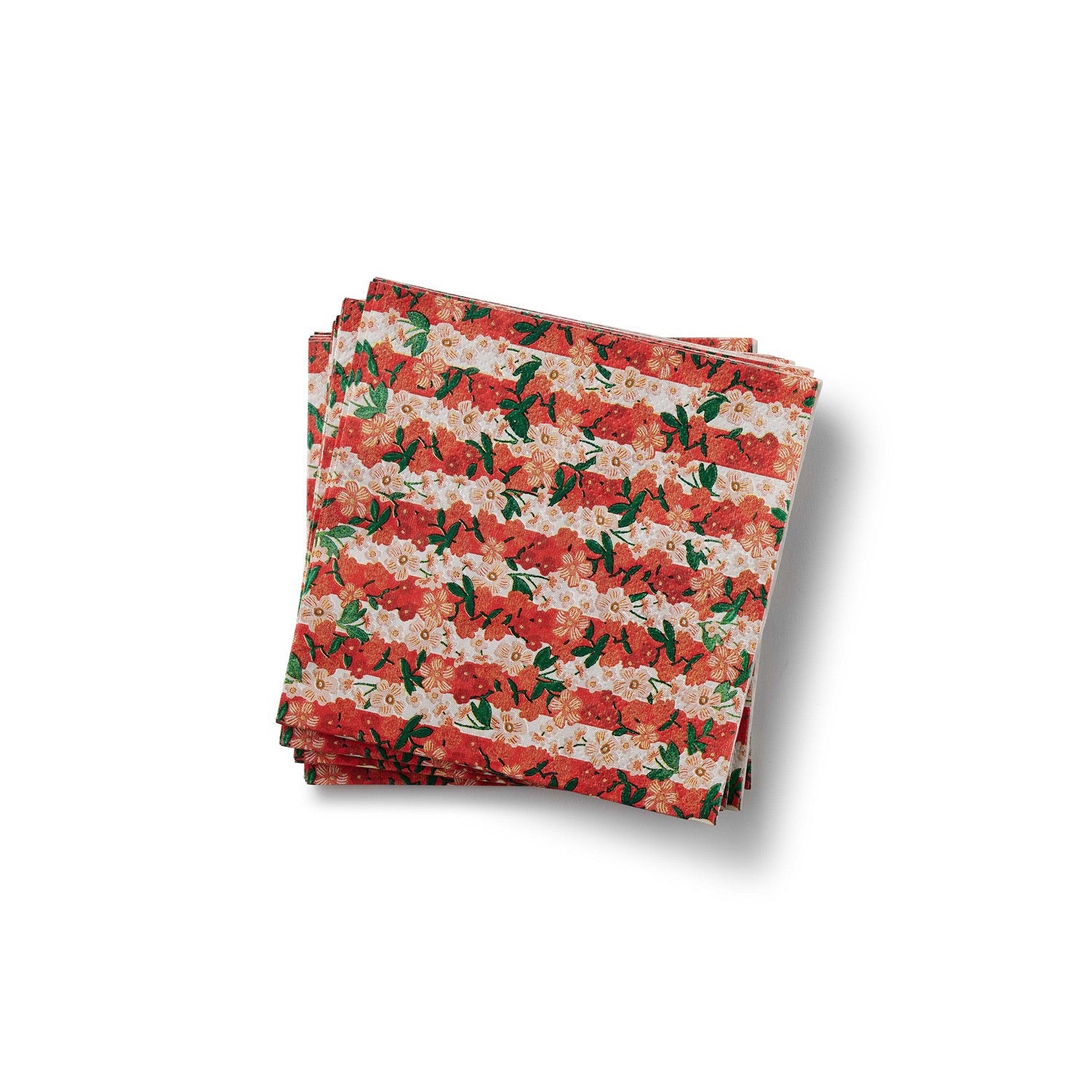 Stack of floral-patterned napkins on a white background