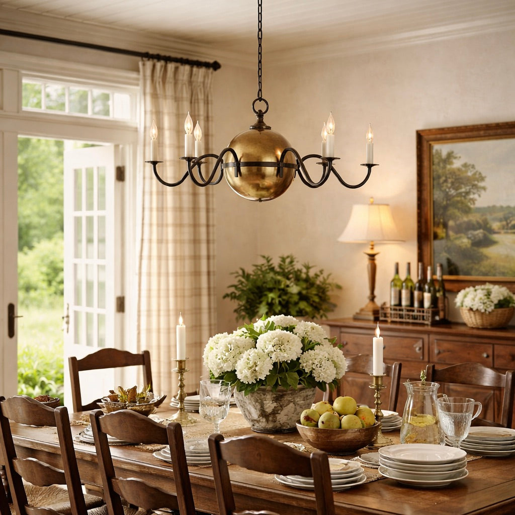 Dining room with wooden table, chairs, and decorative elements including a chandelier and artwork.