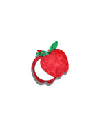 Red apple-shaped container with a green leaf on a white background