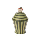 Striped cookie jar with an apple-shaped lid on a white background