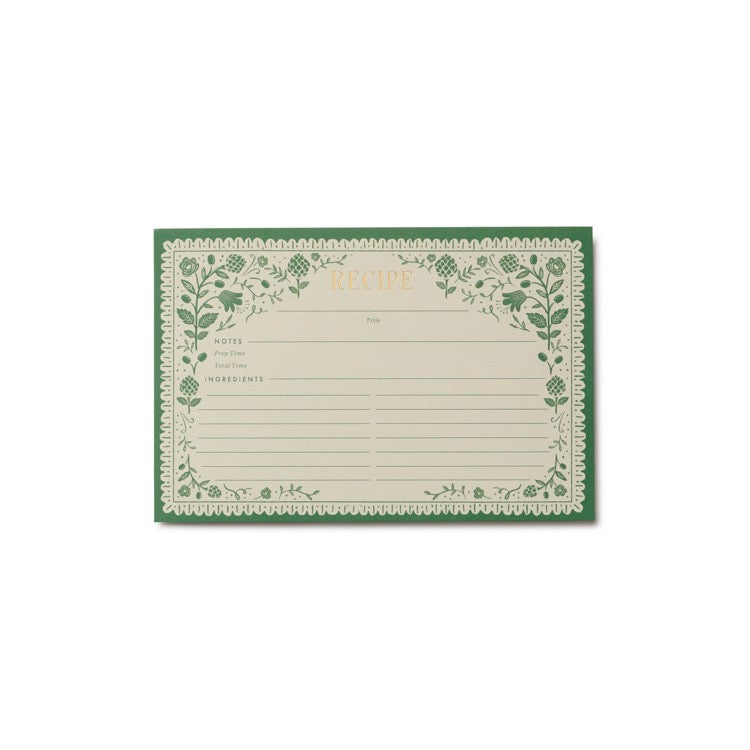 Recipe card with green floral border on a white background