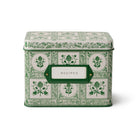 Decorative recipe box with green and white pattern on a white background