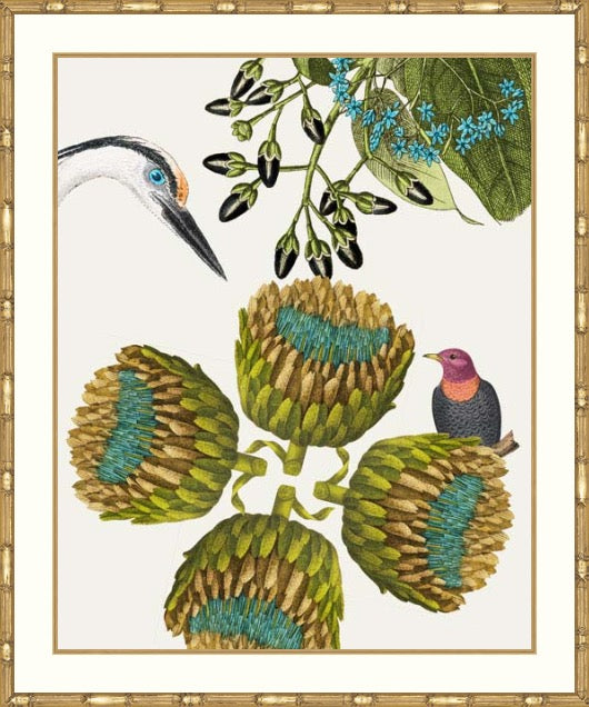 A framed botanical art print featuring four green artichokes with blue-green centers, a heron's head in the upper left, blue flowers and leaves at the top right, and a small bird perched on one artichoke. The print is set within a white mat and a gold-toned bamboo-style frame.