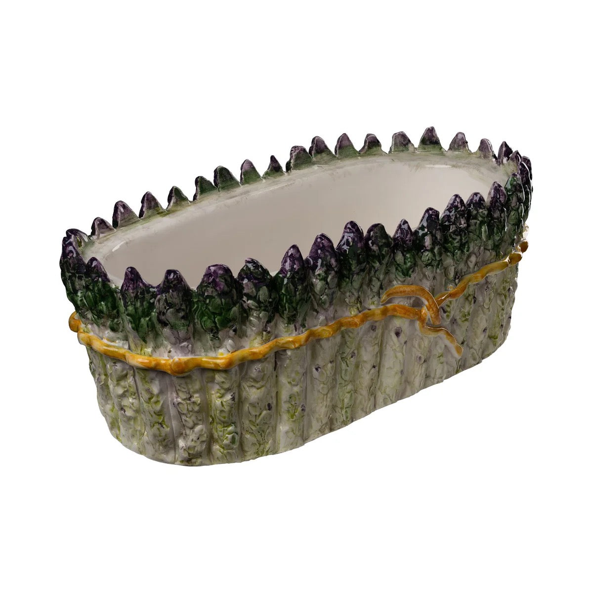 Decorative ceramic planter with purple and green accents on a white background