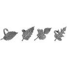 Four silver-toned leaf-shaped ring charms with detailed leaf veins, arranged in a row on a plain white background.