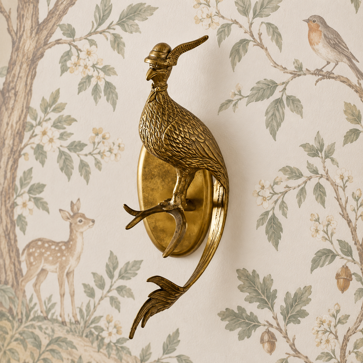 A brass wall-mounted bird fixture shaped like a peacock or pheasant standing on a round backplate, shown against wallpaper with a deer, tree branches, and a small bird.