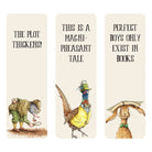 Three book bookmarks with humorous text and illustrations on a white background