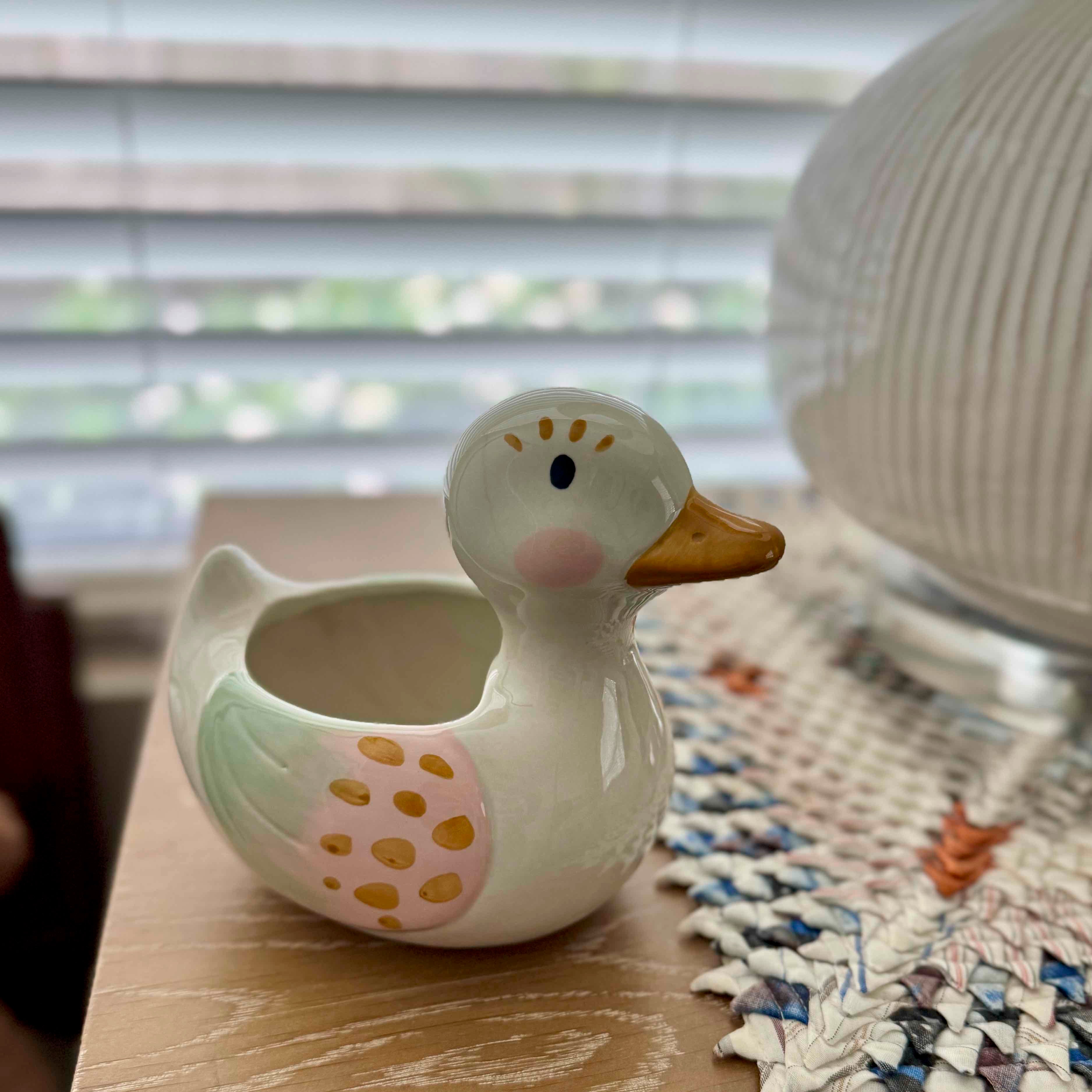 Ceramic duck-shaped planter on a surface with a blurred background
