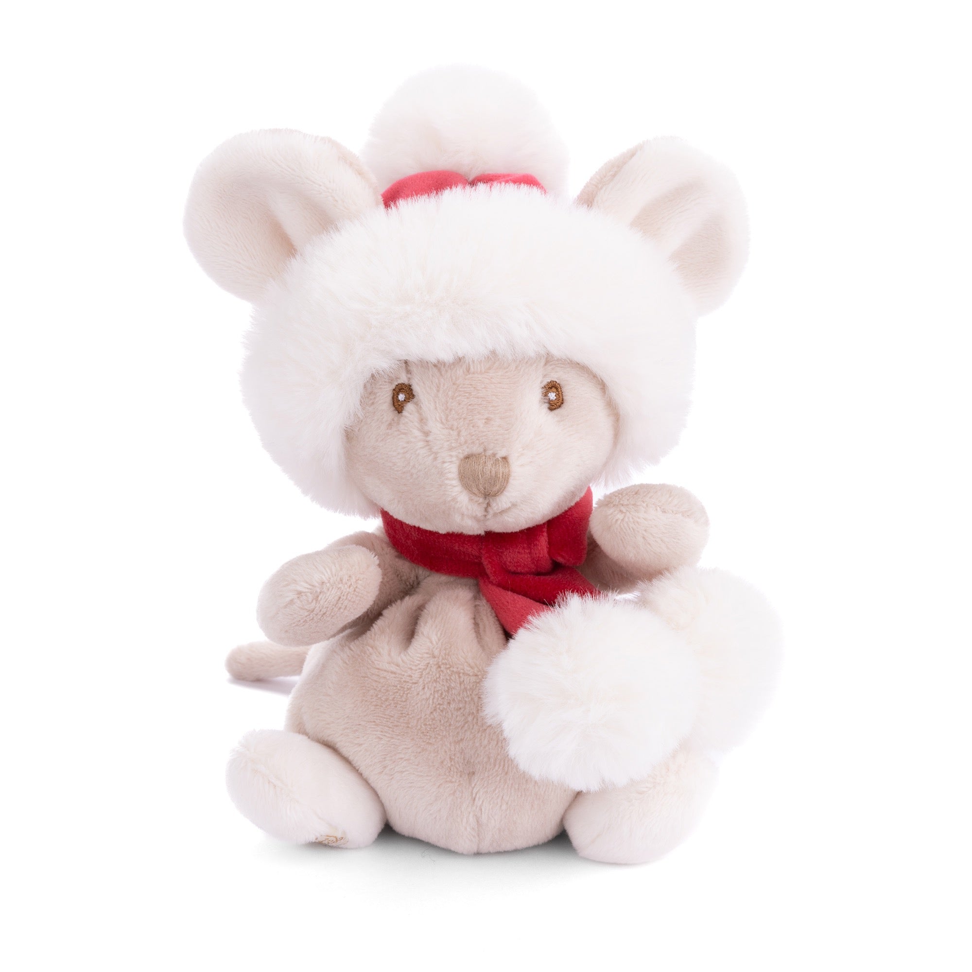 Plush toy bear with a red scarf on a white background