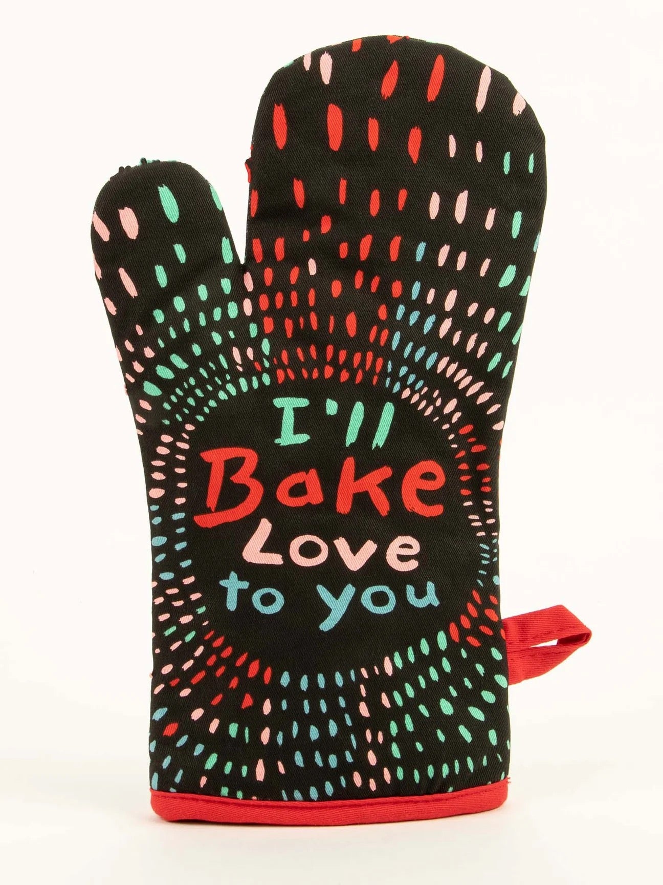 Oven mitt with colorful text design on a white background