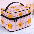 Pink cosmetic bag with 'Let's Rock & Roll' text on a marble surface