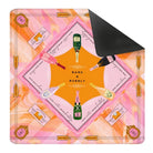 Decorative tray with champagne bottle design and 'Bams & Bubbly' text on a pink and orange patterned background.