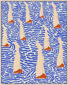 A square art print featuring a pattern of stylized beige legs with orange feet rising from a blue and white wavy water-like background.