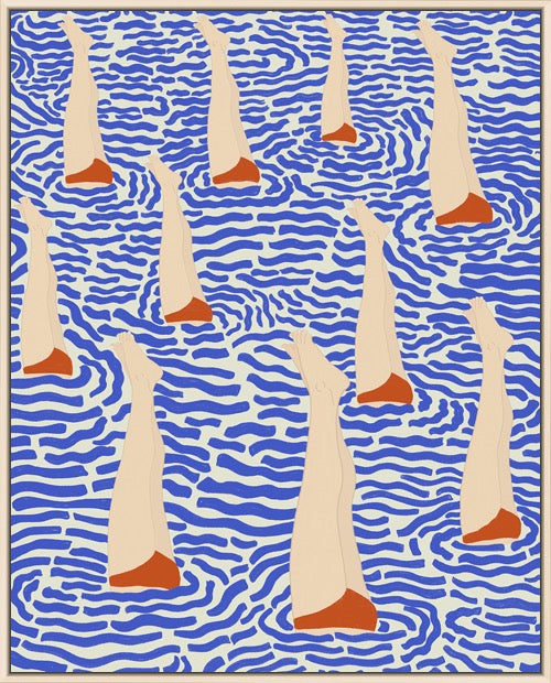 A square art print featuring a pattern of stylized beige legs with orange feet rising from a blue and white wavy water-like background.