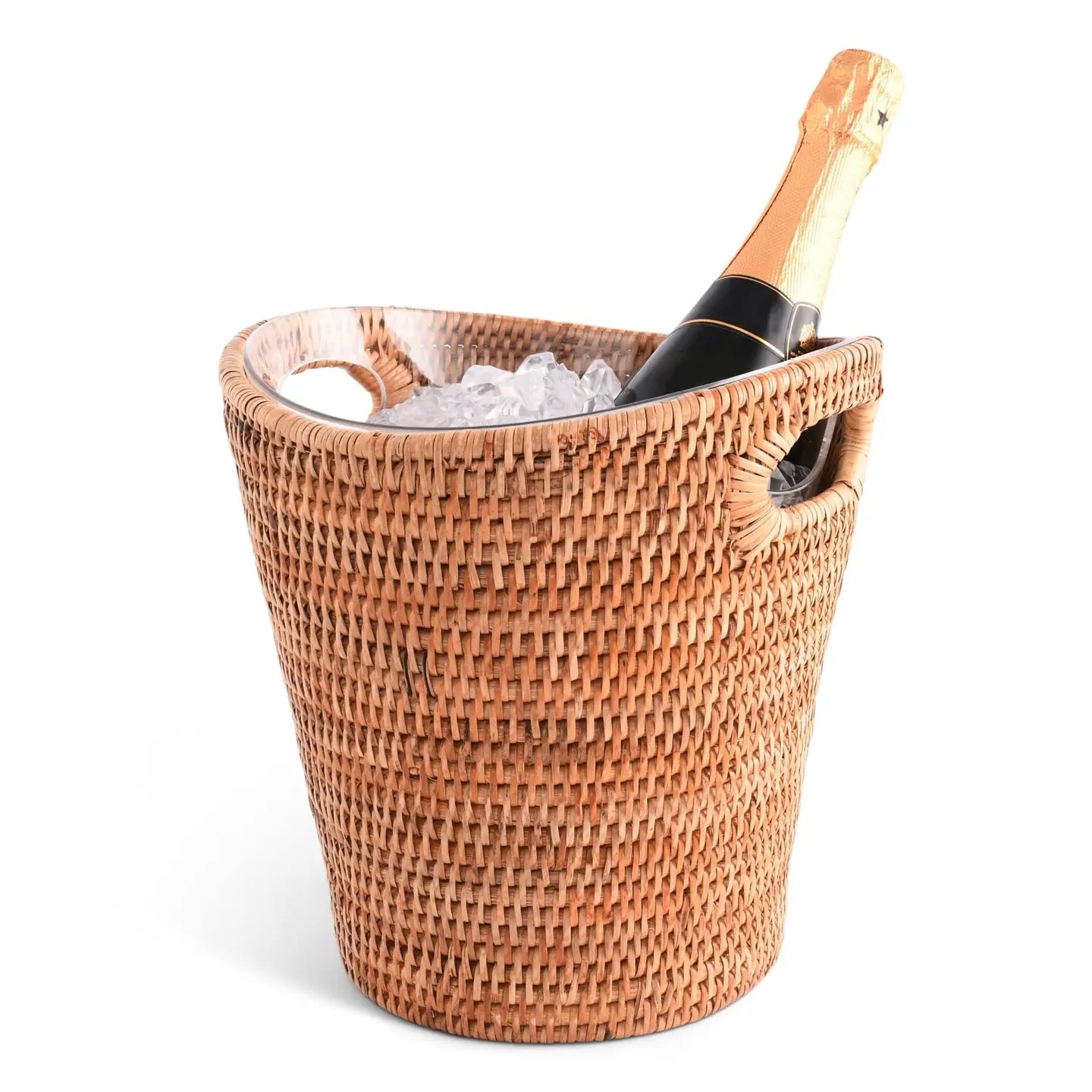 Wicker wine cooler with a bottle of champagne on a white background