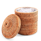Woven storage basket with a lid on a white background