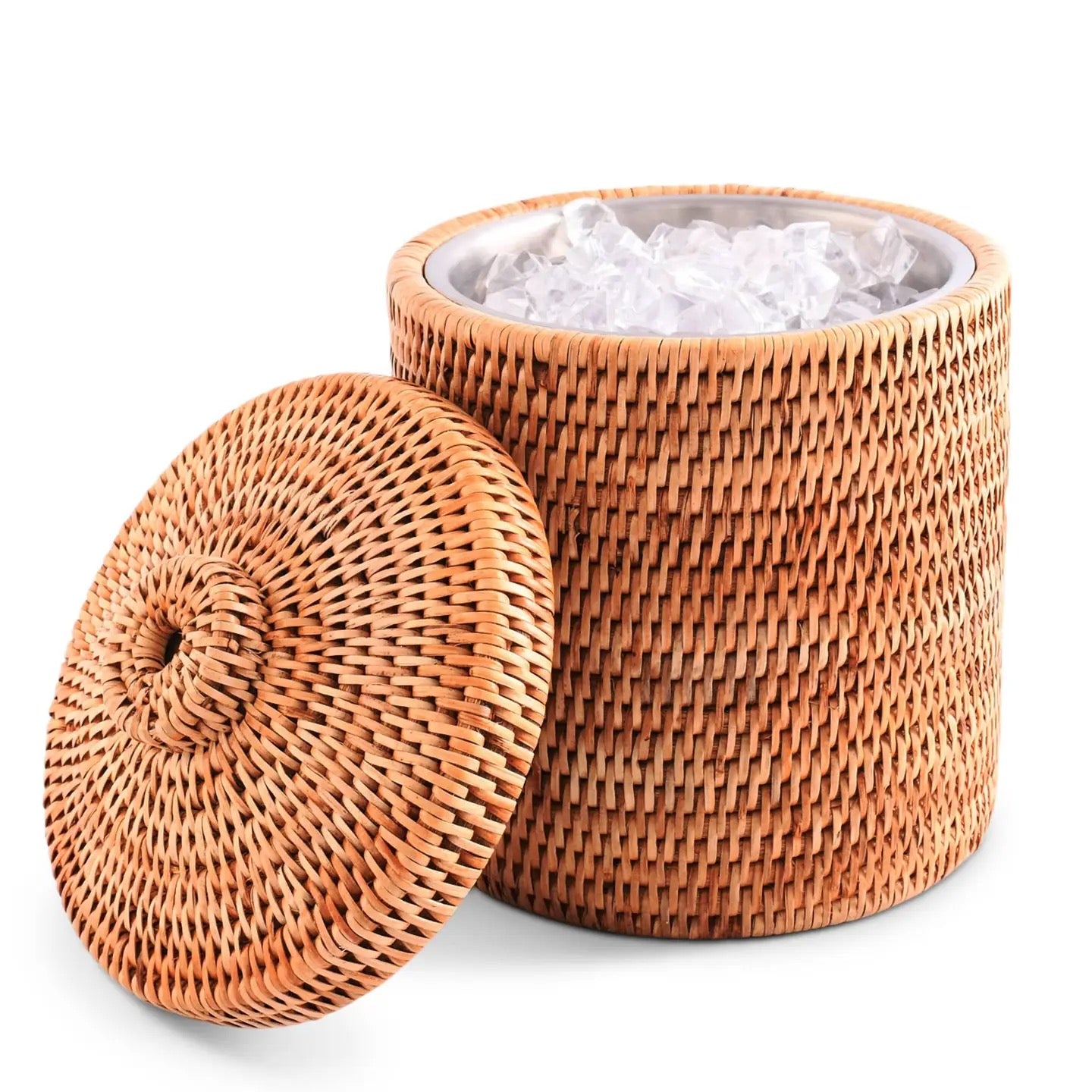 Woven storage basket with a lid on a white background