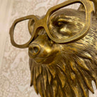 Bronze sculpture of a bear wearing glasses on a textured beige background